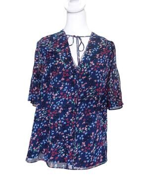 NWT TED BAKER London Neliann tie neck short sleeves blouse Navy love polyester